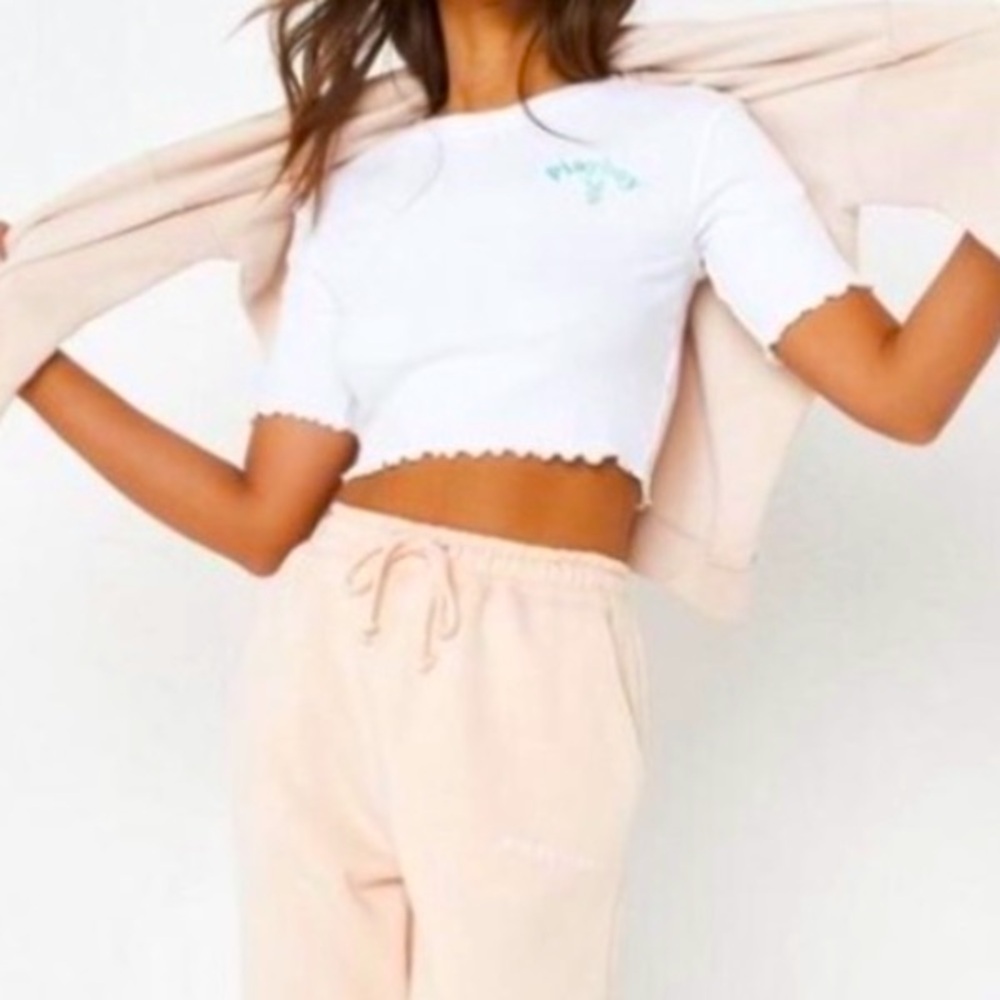 PLAYBOY Crop Short Sleeve Lettuce Trim W/Playboy Logo On the Front Of Crop Top